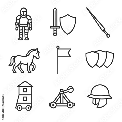 Knight Defense Icons. Outline icon set of knightly defense: armored knight, sword and shield, lance, helmet, cavalry horse, banner