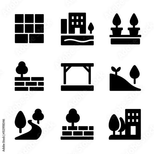 Landscape Integration Icons. Solid, Filled icon set of landscape and building integration: plaza paving, reflecting pool, planters