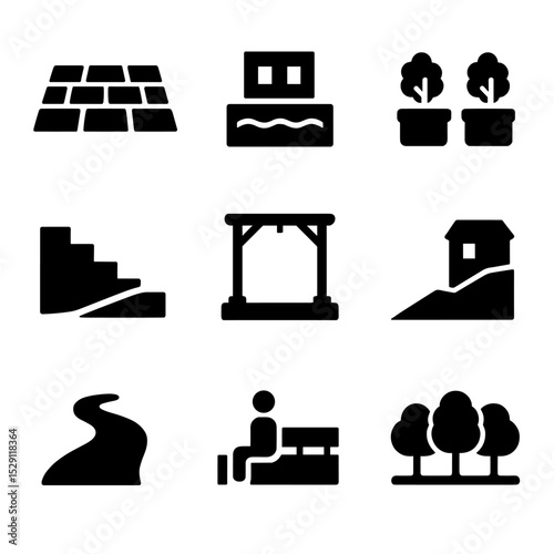 Landscape Integration Icons. Solid, Filled icon set of landscape and building integration: plaza paving, reflecting pool, planters