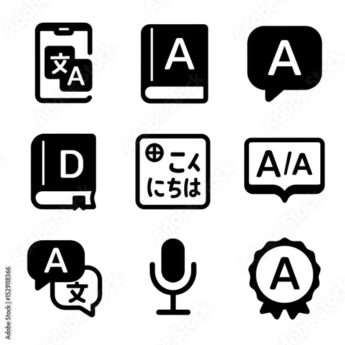 Language Tool Icons. Flat icon set of language and communication tools: translation app, phrasebook, speech bubble, dictionary