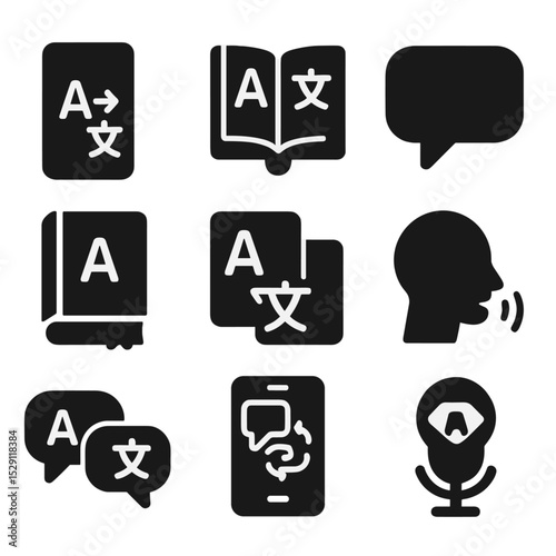 Language Tool Icons. Solid, Filled icon set of language and communication tools: translation app, phrasebook, speech bubble,