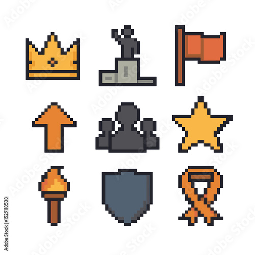 Leadership Transition Icons. Pixel art icon set of leadership transition: crown, podium, flag, upward arrow, group silhouette,
