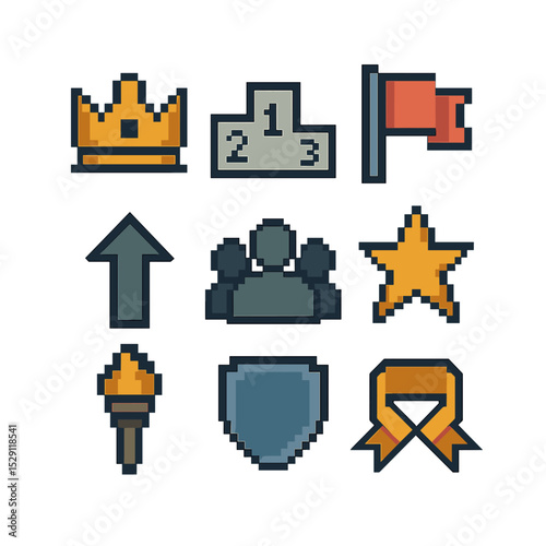 Leadership Transition Icons. Pixel art icon set of leadership transition: crown, podium, flag, upward arrow, group silhouette,