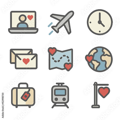 Long-Distance Love Icons. Flat icon set of long-distance love: video call, airplane, letters, clock, map with heart route, globe
