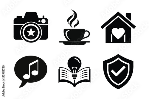 Six black glyph icons set photography coffee home music book security, icon, icons, set, glyph, black