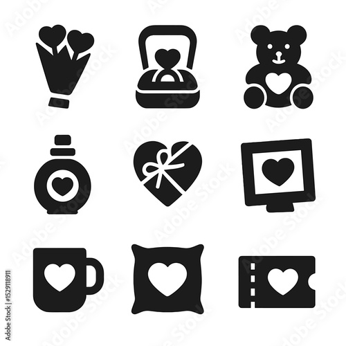 Love Gift Icons. Solid, Filled icon set of love gifts: bouquet, jewelry box, teddy bear, perfume bottle, chocolate box, photo