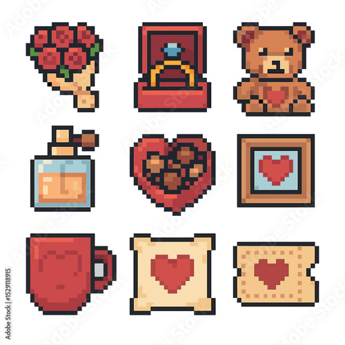 Love Gift Icon Set. Pixel art icon set of love gifts: bouquet, jewelry box, teddy bear, perfume bottle, chocolate box, photo frame