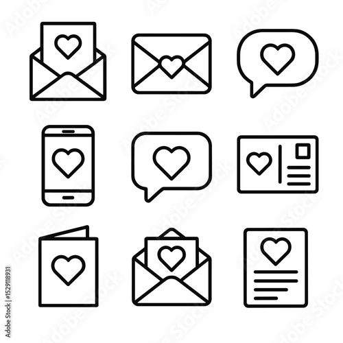 Love Message Icons. Outline icon set of love messages: letter, envelope with heart seal, speech bubble with heart, mobile chat