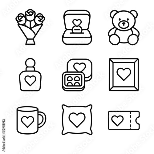 Love Gift Icons. Outline icon set of love gifts: bouquet, jewelry box, teddy bear, perfume bottle, chocolate box, photo frame,