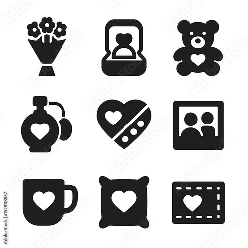 Love Gift Icons. Solid, Filled icon set of love gifts: bouquet, jewelry box, teddy bear, perfume bottle, chocolate box, photo