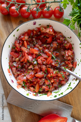 Pico de gallo. Homemade fresh prepared mexican tomato salsa