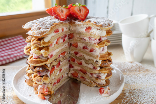  Strawberry cream cake with waffles fresh and homemade baked