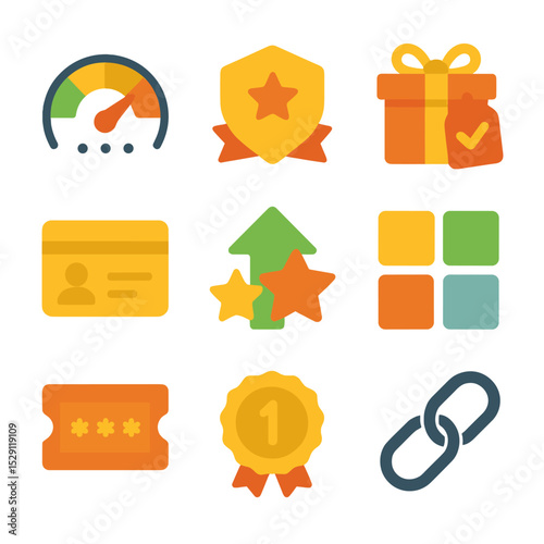 Loyalty Program Icons. Flat icon set of loyalty and reward programs: points meter, tier badge, redemption gift, membership card,