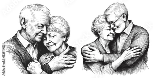 Golden senior couple embracing linework ink sketch hand drawn pen drawing vector illustration background