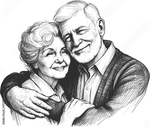 Loving senior couple embracing linework ink sketch hand drawn pen drawing vector illustration background