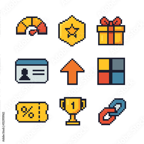 Loyalty Rewards Icons. Pixel art icon set of loyalty and reward programs: points meter, tier badge, redemption gift, membership