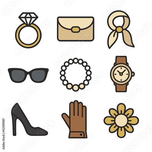 Luxury Accessories Icons. Flat icon set of luxury accessories: diamond ring, clutch bag, silk scarf, sunglasses, pearl necklace,