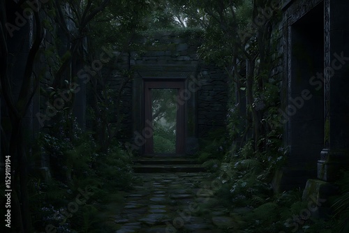 Forgotten temple doorway amidst lush jungle