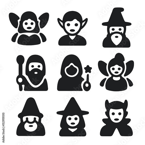 Magical Beings Icons. Solid, Filled icon set of magical beings: fairy, elf, wizard, druid, sorcerer, sprite, gnome, witch, warlock