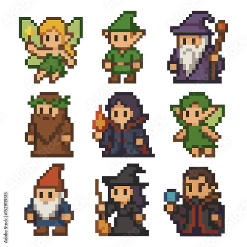 Magical Beings Icons. Pixel art icon set of magical beings: fairy, elf, wizard, druid, sorcerer, sprite, gnome, witch, warlock.