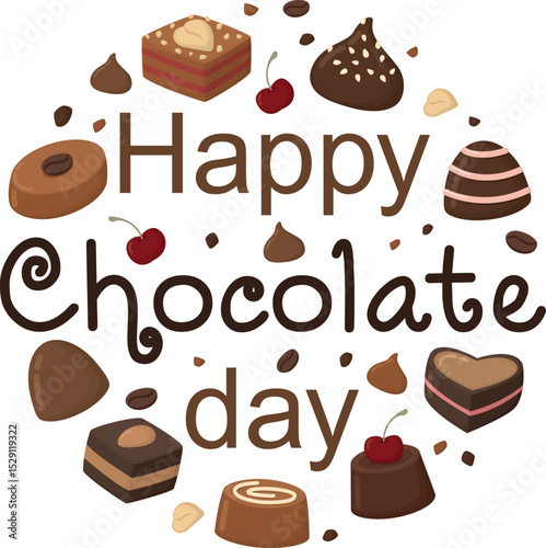 Round illustration of a set of candies. Happy chocolate day concept with truffles and bonbons
