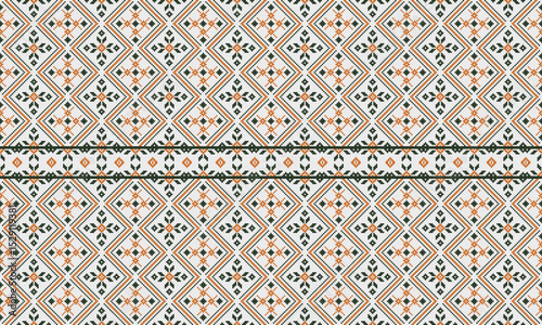 Fabric pattern, pixel pattern, green and orange tones, weaving, flowers, square shapes, natural art, used in fabric pattern design or wallpaper, various material surfaces.