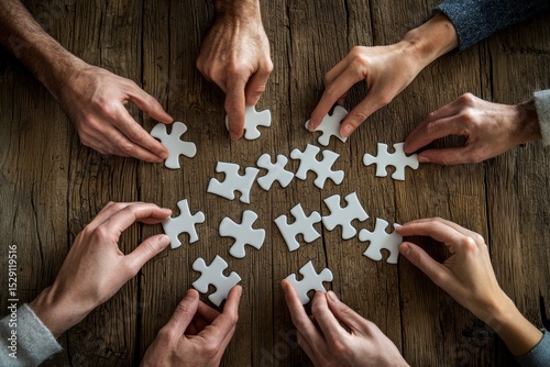Multiple hands collaborate to assemble white puzzle pieces on a wooden surface, symbolizing teamwork and problem-solving.