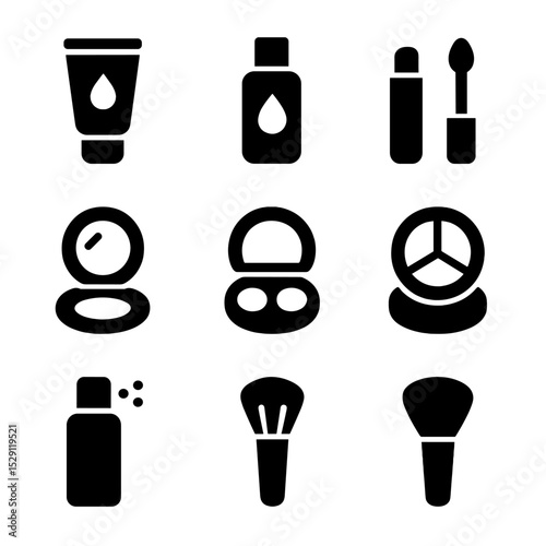 Makeup Routine Icons. Solid, Filled icon set of makeup routine steps: primer, foundation, concealer, pressed powder, blush,