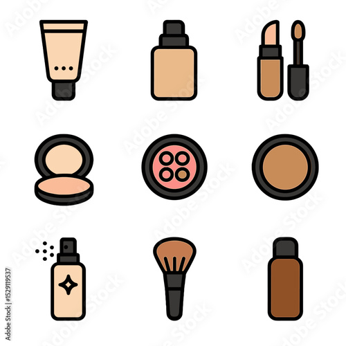 Makeup Steps Icons. Flat icon set of makeup routine steps: primer, foundation, concealer, pressed powder, blush, bronzer,