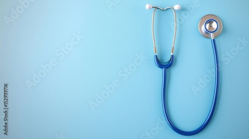 Blue stethoscope on a light blue background.