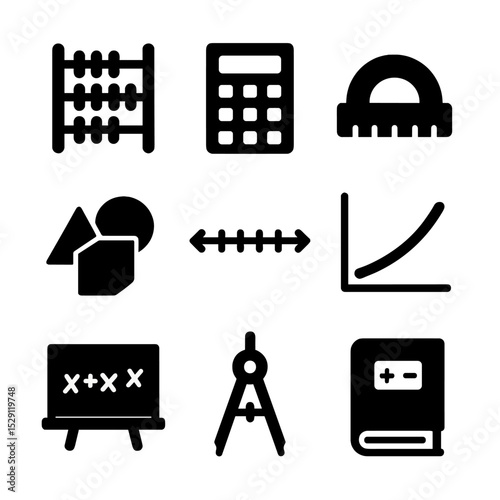 Math Instruction Icons. Solid, Filled icon set of math instruction: abacus, calculator, protractor, geometric shapes, number line,