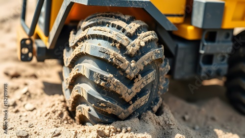 A closeup shot of a construction vehicle tire embedded in sandy soil, showcasing robust tread patterns.