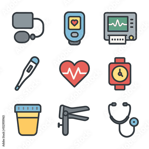 Medical Instruments Icons. Flat icon set of monitoring instruments: blood pressure cuff, pulse oximeter, cardiotocography,