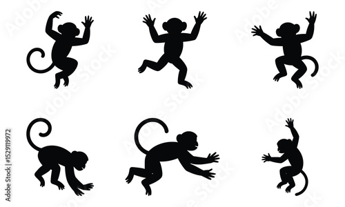 Black Monkey Silhouette Clipart – 6 Fun and Dynamic Monkey Poses for Design