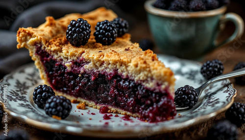 A rich blackberry pie slice sits on an ornate plate with berries and soft lighting.








