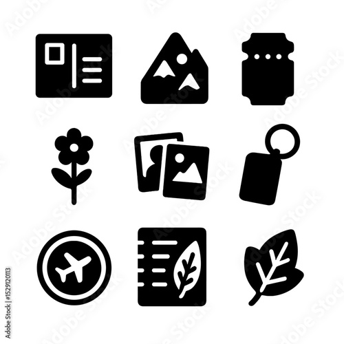 Memory Keepsake Icons. Solid, Filled icon set of memory keepsakes and souvenirs: postcard, souvenir magnet, ticket stub, pressed