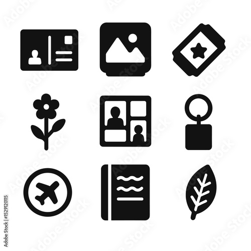 Memory Keepsake Icons. Solid, Filled icon set of memory keepsakes and souvenirs: postcard, souvenir magnet, ticket stub, pressed