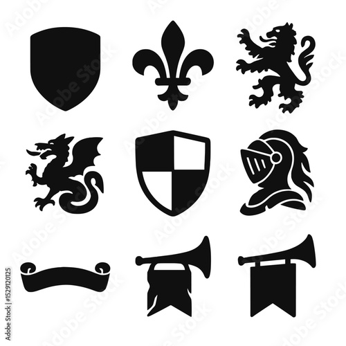 Medieval Heraldry Icons. Solid, Filled icon set of medieval heraldry: coat of arms, fleur-de-lis, lion rampant, dragon emblem,