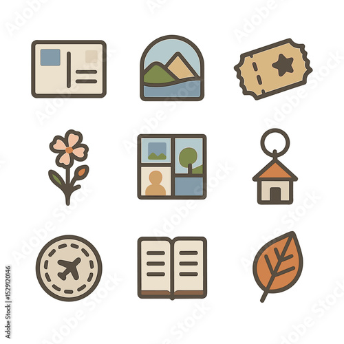 Memory Keepsakes Icons. Flat icon set of memory keepsakes and souvenirs: postcard, souvenir magnet, ticket stub, pressed flower,