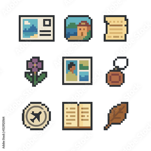 Memory Keepsakes Grid. Pixel art icon set of memory keepsakes and souvenirs: postcard, souvenir magnet, ticket stub, pressed