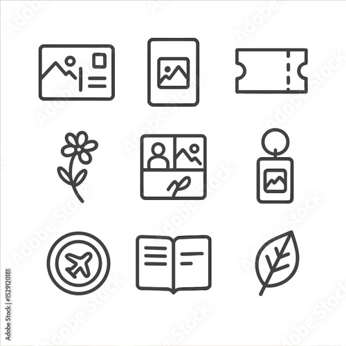 Memory Keepsakes Icons. Outline icon set of memory keepsakes and souvenirs: postcard, souvenir magnet, ticket stub, pressed flower
