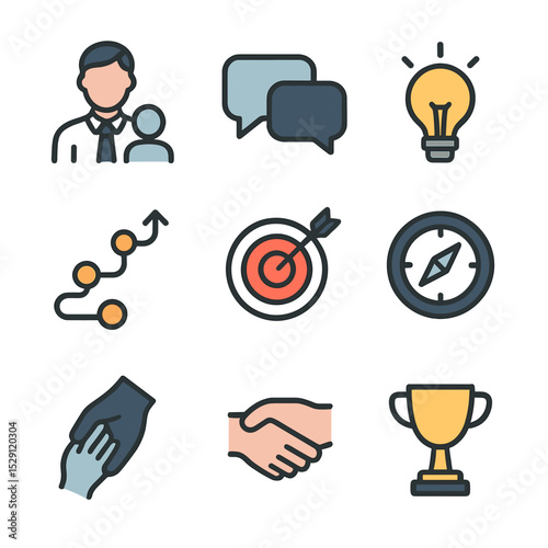 Mentorship Icons Display. Flat icon set of mentorship & coaching: mentor figure, mentee figure, speech bubbles, light bulb,