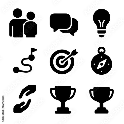 Mentorship Icons Grid. Solid, Filled icon set of mentorship & coaching: mentor figure, mentee figure, speech bubbles, light bulb,