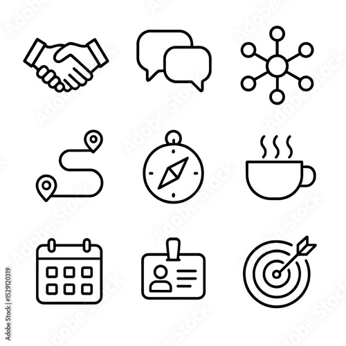 Mentorship Icons Set. Outline icon set of mentorship & networking: handshake, speech bubbles, network nodes, roadmap, compass,