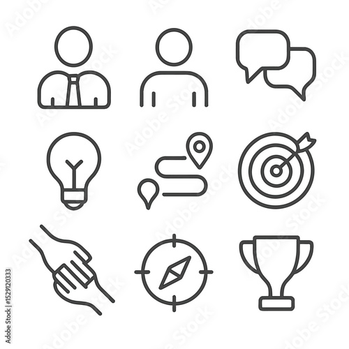 Mentorship Icon Set. Outline icon set of mentorship & coaching: mentor figure, mentee figure, speech bubbles, light bulb, roadmap,