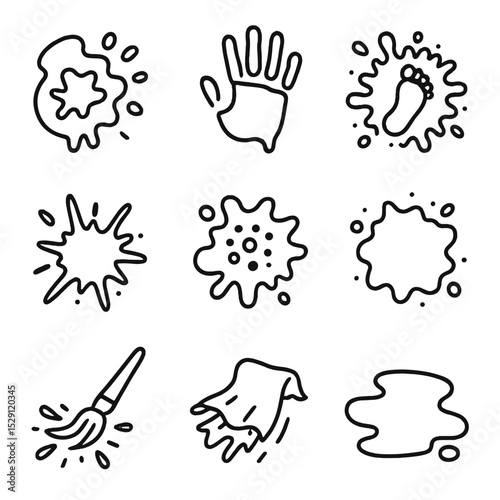 Messy Play Icon Set. Outline icon set of messy play splatters: finger paint print, handprint smear, footprint splat, stencil dab,