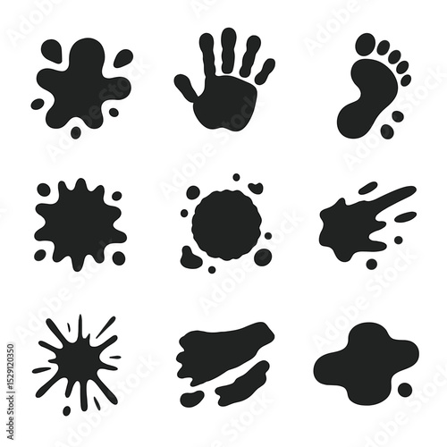 Messy Play Icon Set. Solid, Filled icon set of messy play splatters: finger paint print, handprint smear, footprint splat, stencil