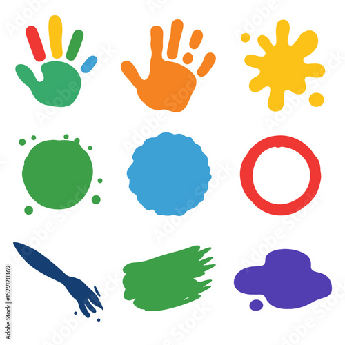 Messy Play Icons. Flat icon set of messy play splatters: finger paint print, handprint smear, footprint splat, stencil dab, sponge