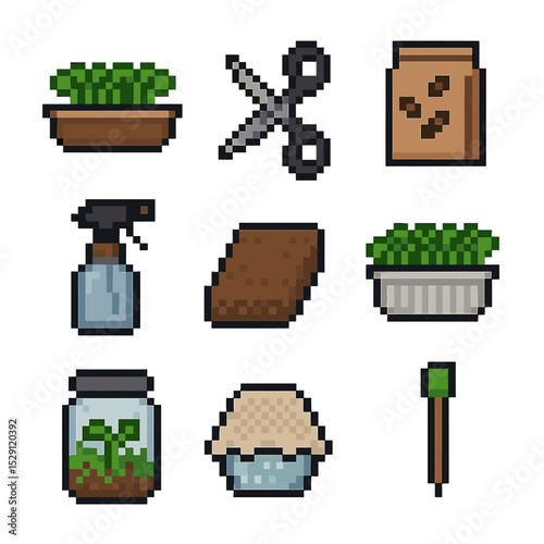 Microgreen Growing Icons. Pixel art icon set of microgreen cultivation: shallow tray, microgreen scissors, seed mix packet,