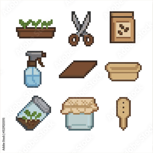 Microgreen Growing Icons. Pixel art icon set of microgreen cultivation: shallow tray, microgreen scissors, seed mix packet,